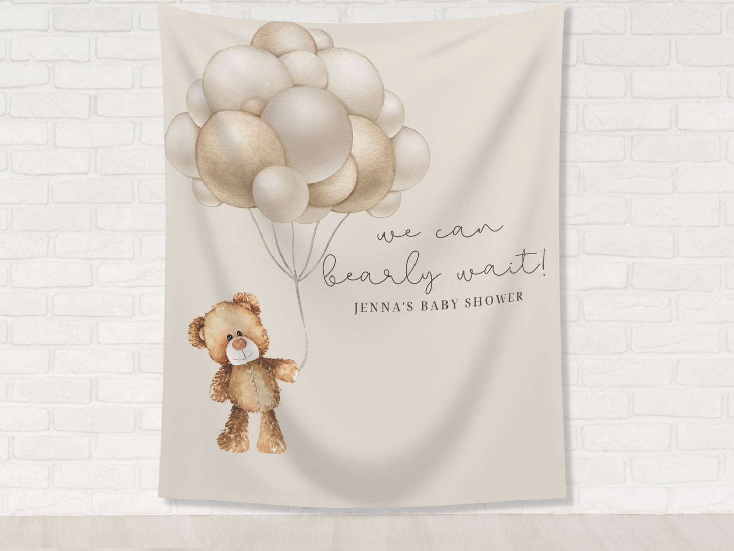 Teddy Bear Personalized Baby Shower Banner | We Can Bearly Wait Custom Party Backdrop | Bear with Balloons | Gender Neutral Baby Shower