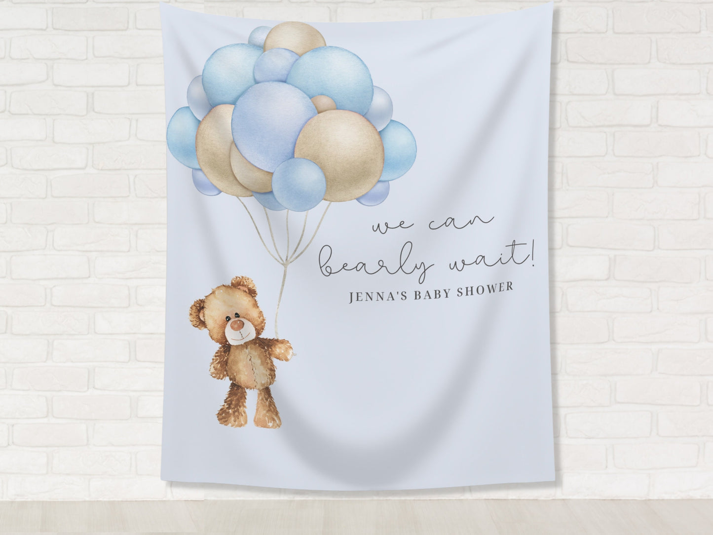 Teddy Bear Personalized Baby Shower Banner | We Can Bearly Wait Custom Party Backdrop | Bear with Balloons | Gender Neutral Baby Shower