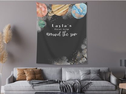 First Trip Around the Sun Personalized 1st Birthday Party Backdrop | Minimal Modern Space Planet Custom Party Banner