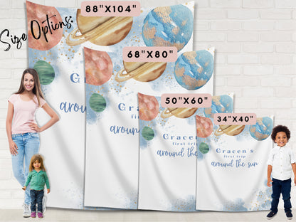 First Trip Around the Sun Personalized 1st Birthday Party Backdrop | Minimal Modern Space Planet Custom Party Banner