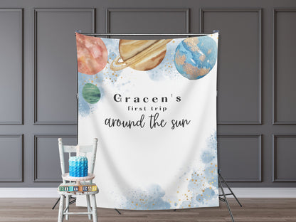 First Trip Around the Sun Personalized 1st Birthday Party Backdrop | Minimal Modern Space Planet Custom Party Banner