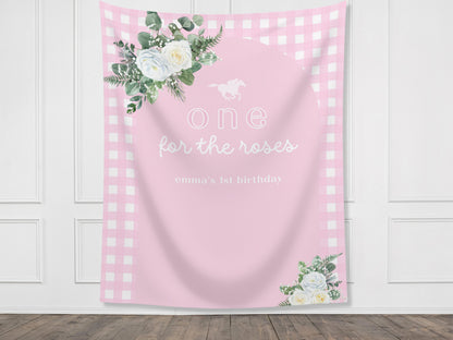 One for the Roses Kentucky Derby 1st Birthday Banner, Horse Racing Decor, First Birthday, Off to the Races, Custom Text Gingham and Floral