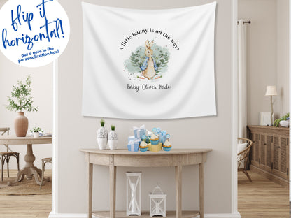 A Little Bunny Is On The Way Custom Peter Rabbit Backdrop | Personalized Bunny Boy or Girl Baby Shower Banner