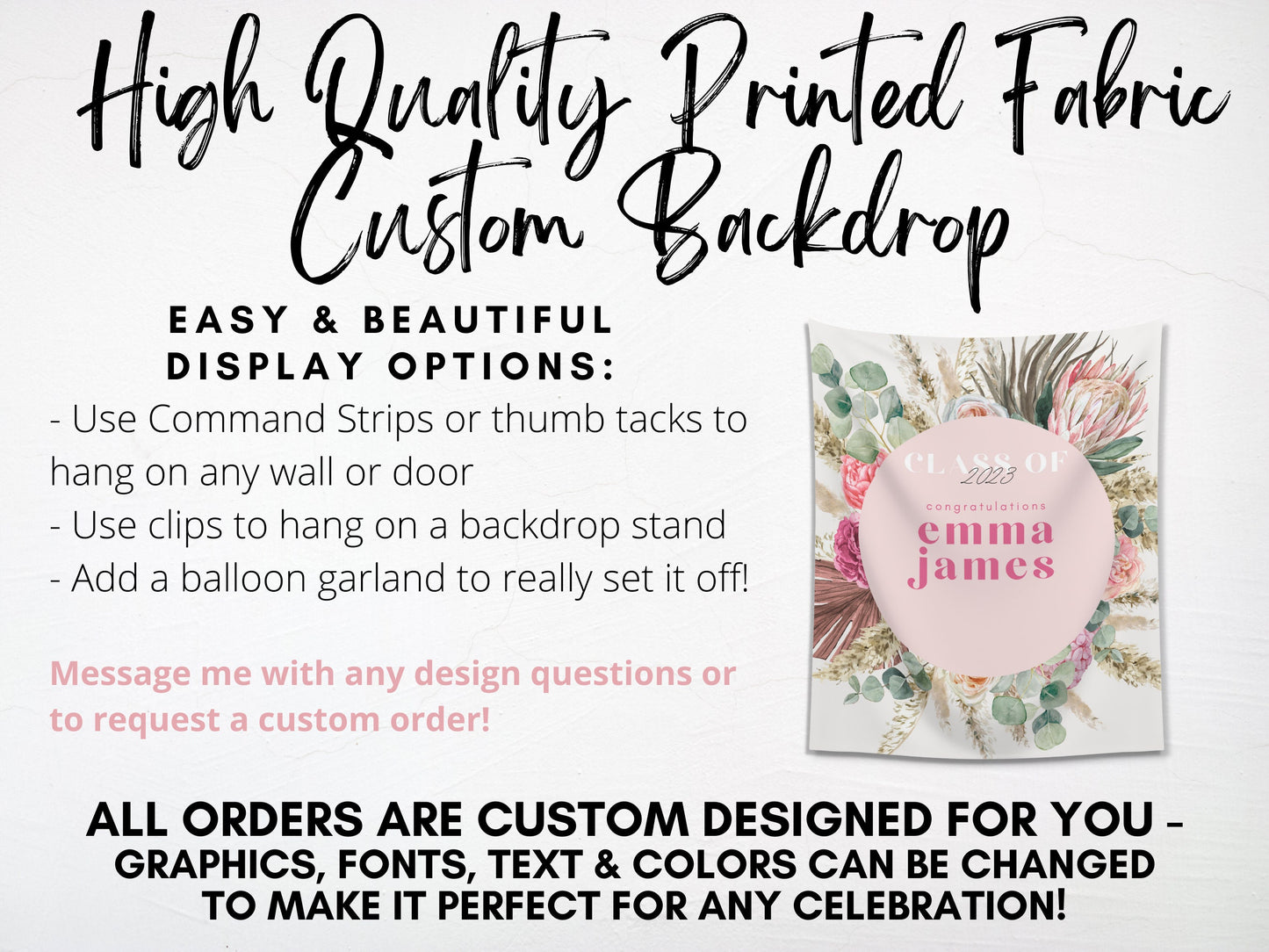 Boho Pink Floral Class of 2025 Custom Graduation Party Backdrop | Personalized Congrats Grad School Colors Banner