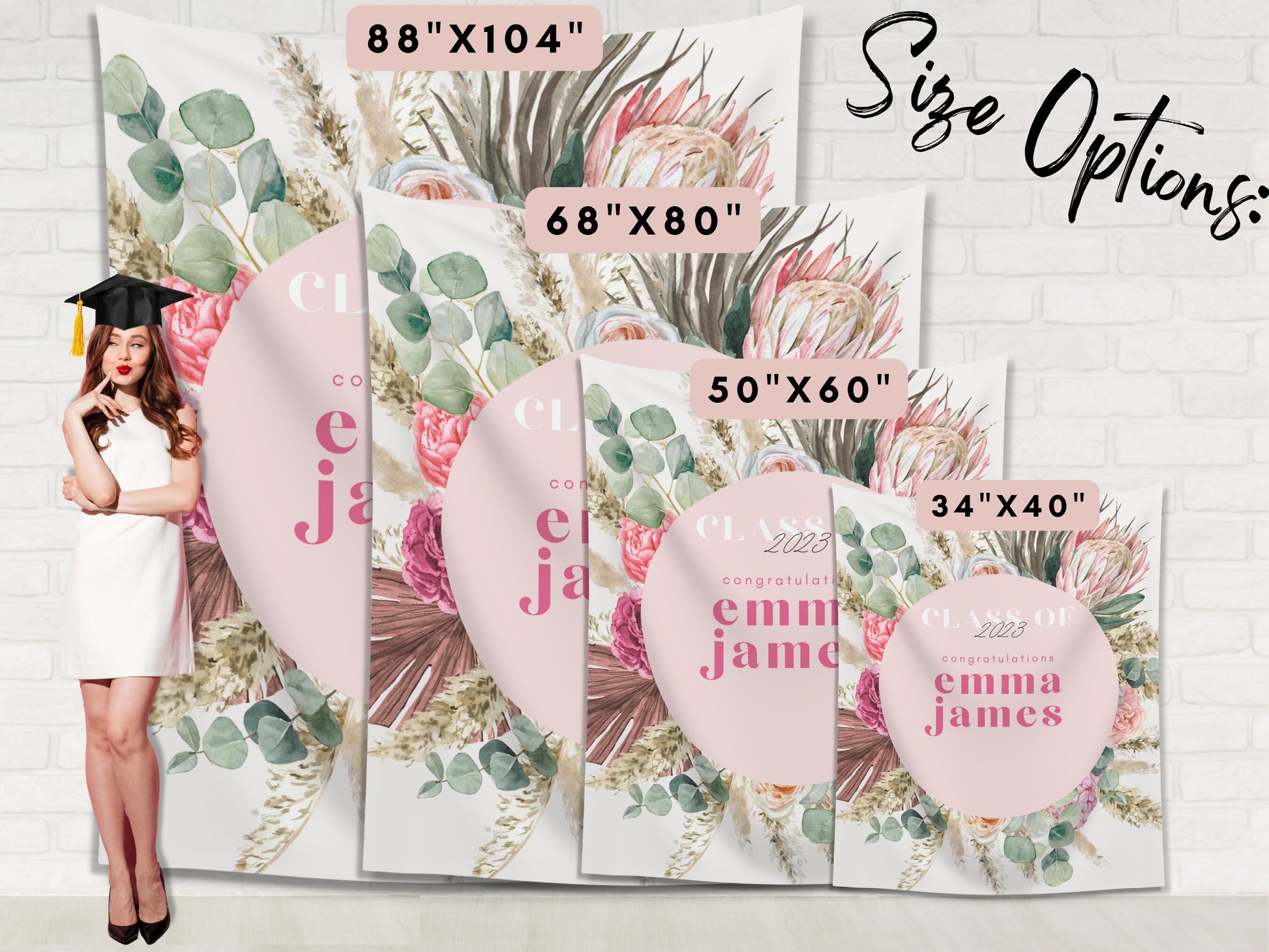 Boho Pink Floral Class of 2025 Custom Graduation Party Backdrop | Personalized Congrats Grad School Colors Banner