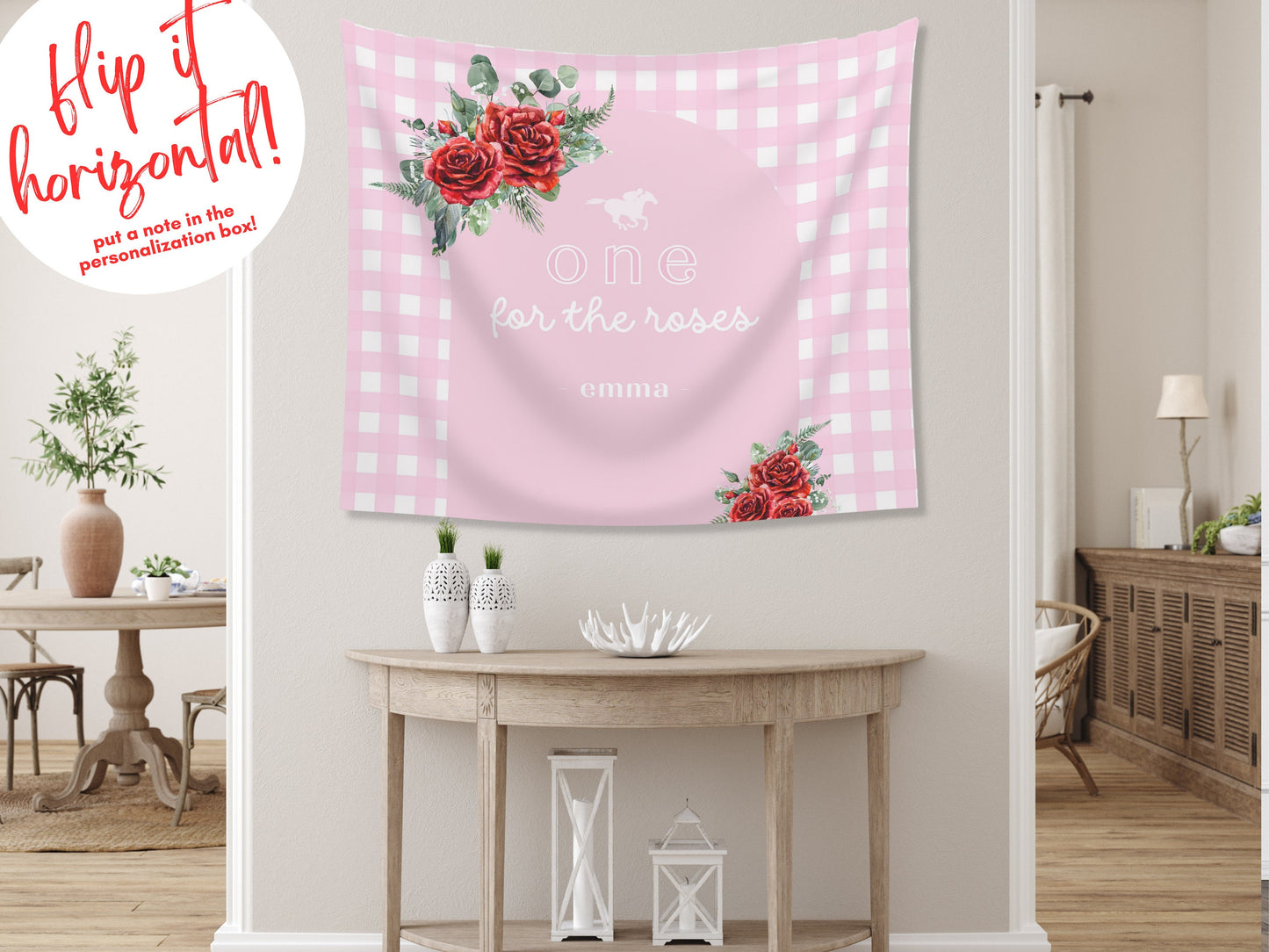 One for the Roses Kentucky Derby 1st Birthday Banner, Horse Racing Decor, First Birthday, Off to the Races, Custom Text Gingham and Floral