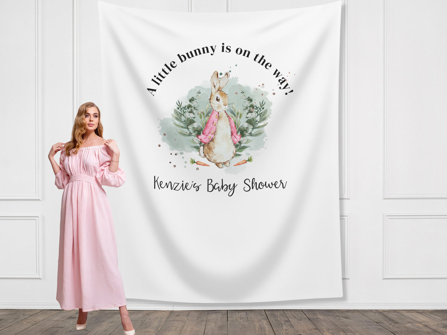 A Little Bunny Is On The Way Custom Peter Rabbit Backdrop | Personalized Bunny Boy or Girl Baby Shower Banner