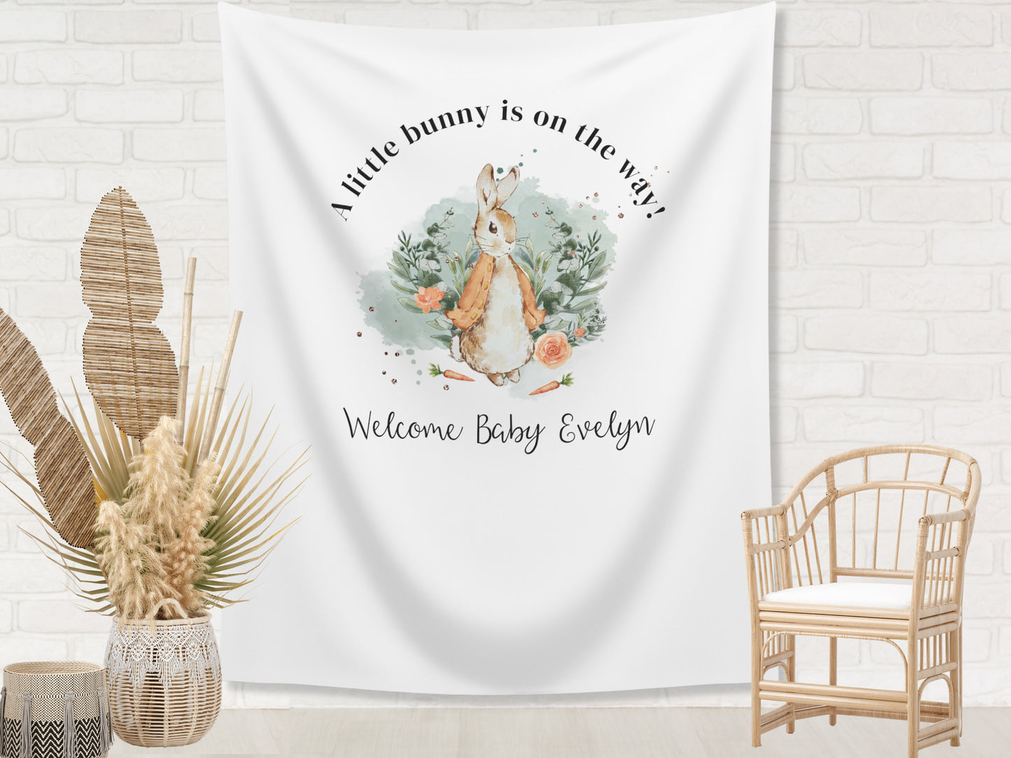 A Little Bunny Is On The Way Custom Peter Rabbit Backdrop | Personalized Bunny Boy or Girl Baby Shower Banner