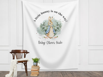 A Little Bunny Is On The Way Custom Peter Rabbit Backdrop | Personalized Bunny Boy or Girl Baby Shower Banner