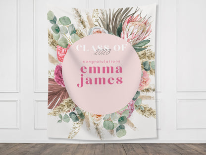 Boho Pink Floral Class of 2025 Custom Graduation Party Backdrop | Personalized Congrats Grad School Colors Banner