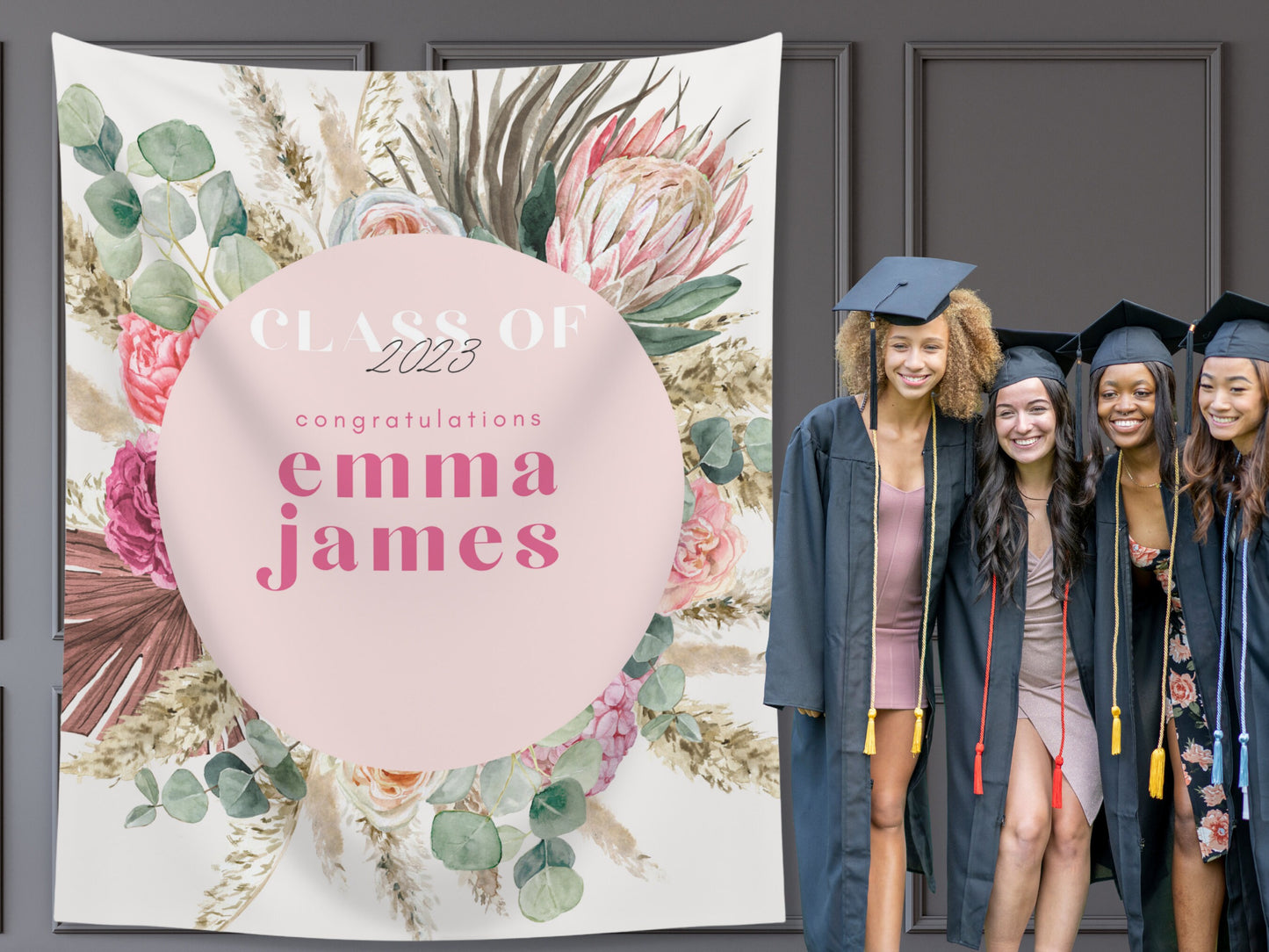 Boho Pink Floral Class of 2025 Custom Graduation Party Backdrop | Personalized Congrats Grad School Colors Banner