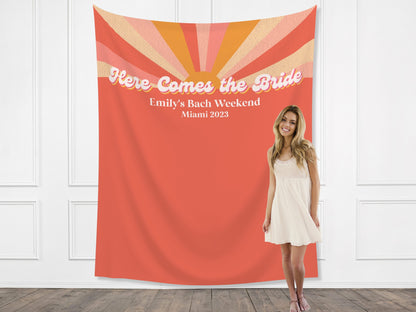 Here Comes the Bride Retro Customizable Bachelorette Party Backdrop | Dazed & Engaged Bach Weekend Décor | Here Comes the Sun Backdrop