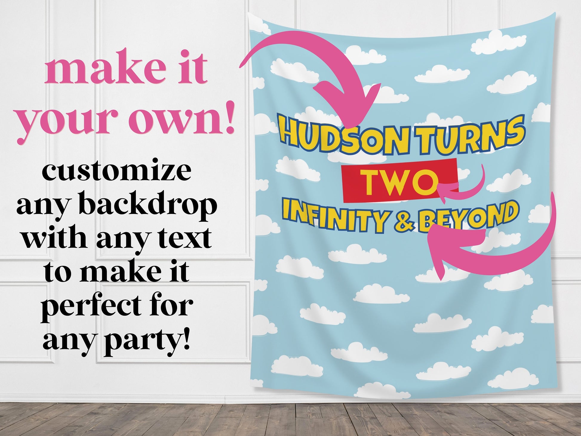 Custom Birthday Story Backdrop | Boy Birthday Party Theme | Blue Cloud Banner | Toy Classic Bright, Muted Colors, or Pink | Two Infinity