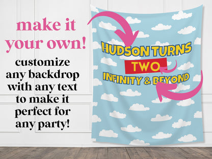 Custom Birthday Story Backdrop | Boy Birthday Party Theme | Blue Cloud Banner | Toy Classic Bright, Muted Colors, or Pink | Two Infinity