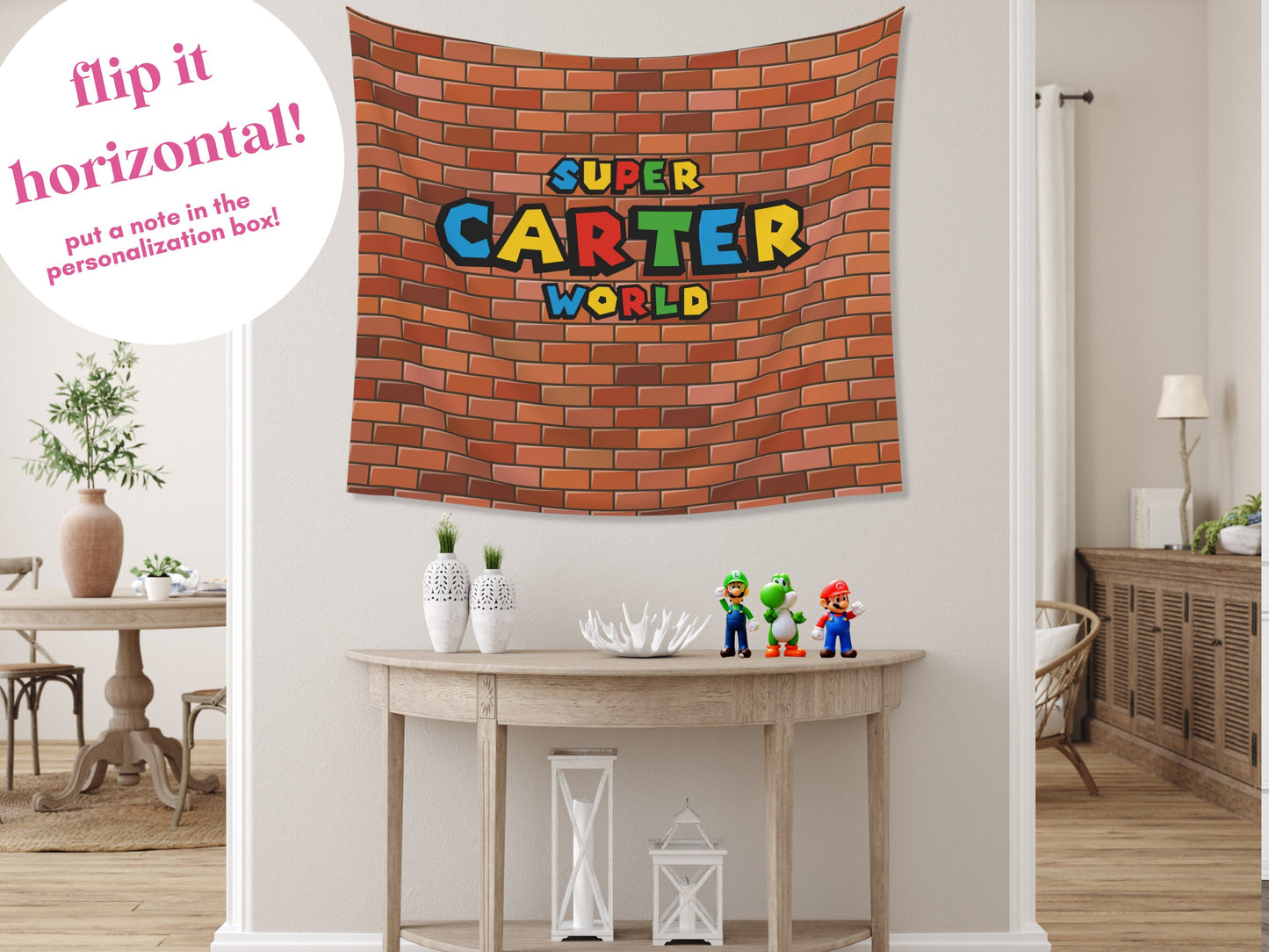 Super World Customizable Birthday Backdrop | Personalized Video Game Birthday Party Banner | Super Bros. Custom Name | Brick Wall Warp Pipe