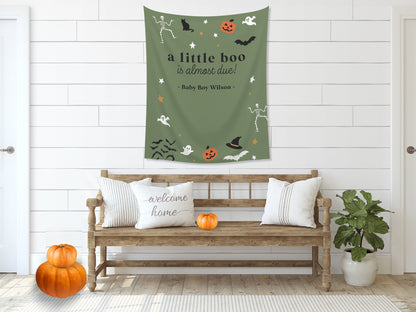 A Little Boo is Almost Due Halloween Baby Shower Backdrop | Customizable Baby Name Banner | Fall Gender Reveal or Baby Shower Décor