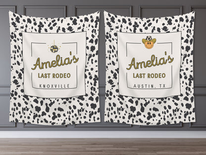 Last Rodeo Customizable Bachelorette Weekend Backdrop | Bride's Last Ride | Cow Print Personalized Nashville or Austin Bach Party Banner