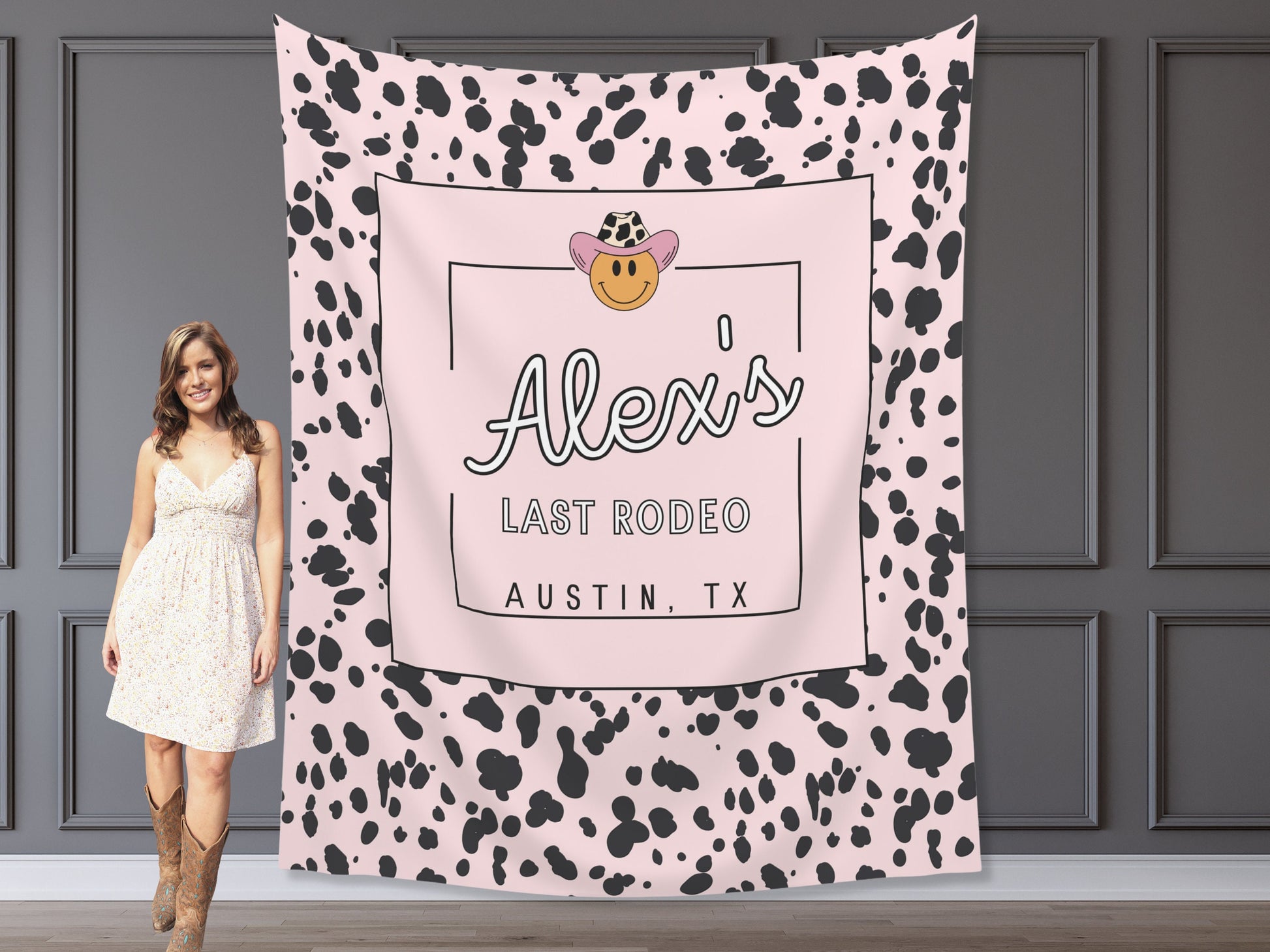 Last Rodeo Customizable Bachelorette Weekend Backdrop | Bride's Last Ride | Cow Print Personalized Nashville or Austin Bach Party Banner