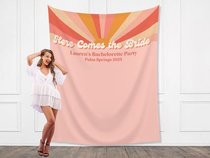 Here Comes the Bride Retro Customizable Bachelorette Party Backdrop | Dazed & Engaged Bach Weekend Décor | Here Comes the Sun Backdrop