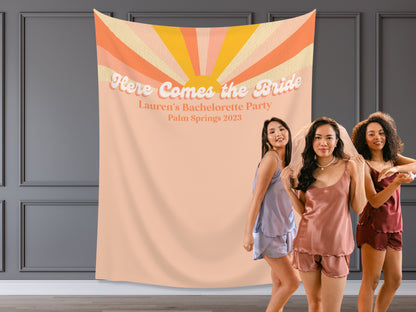 Here Comes the Bride Retro Customizable Bachelorette Party Backdrop | Dazed & Engaged Bach Weekend Décor | Here Comes the Sun Backdrop