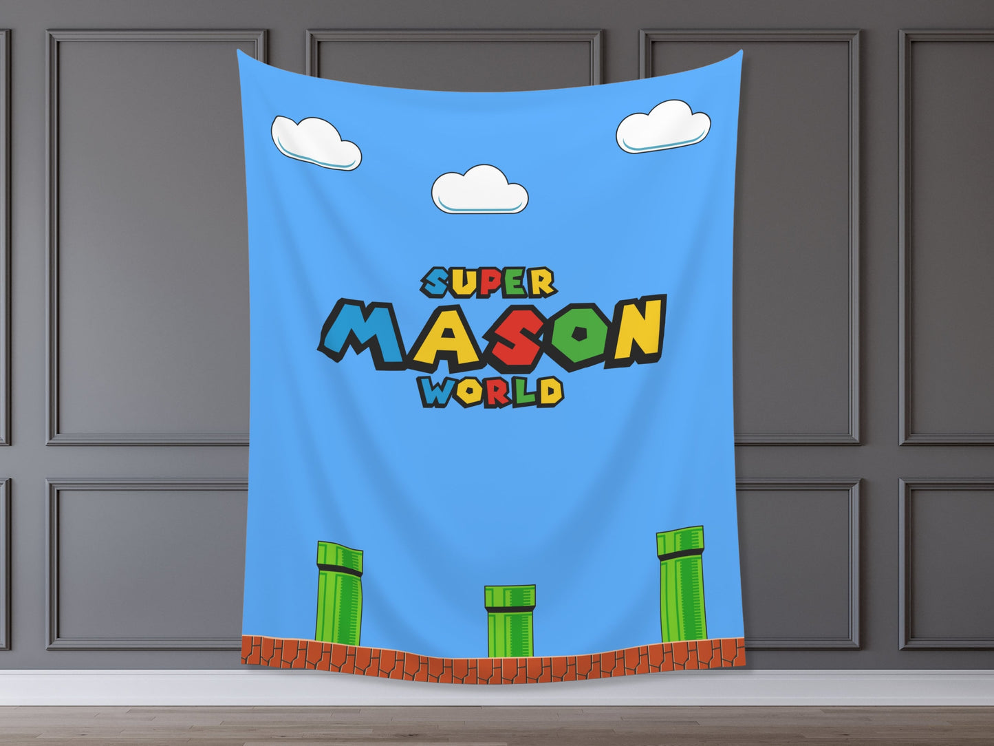 Super World Customizable Birthday Backdrop | Personalized Video Game Birthday Party Banner | Super Bros. Custom Name | Brick Wall Warp Pipe