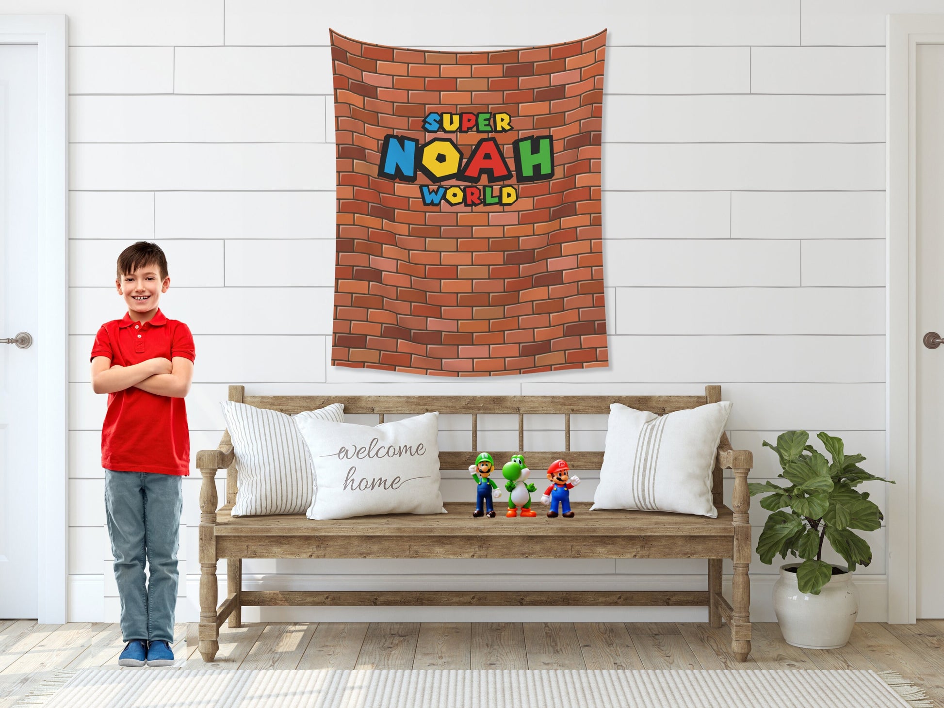 Super World Customizable Birthday Backdrop | Personalized Video Game Birthday Party Banner | Super Bros. Custom Name | Brick Wall Warp Pipe