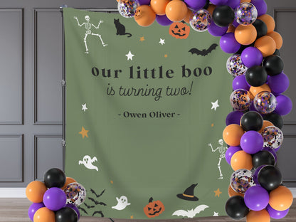 Our Little Boo is Turning Two Halloween Birthday Party Banner| Customizable Text Backdrop | Spooky One | Our Little Pumpkin | Two Spooky