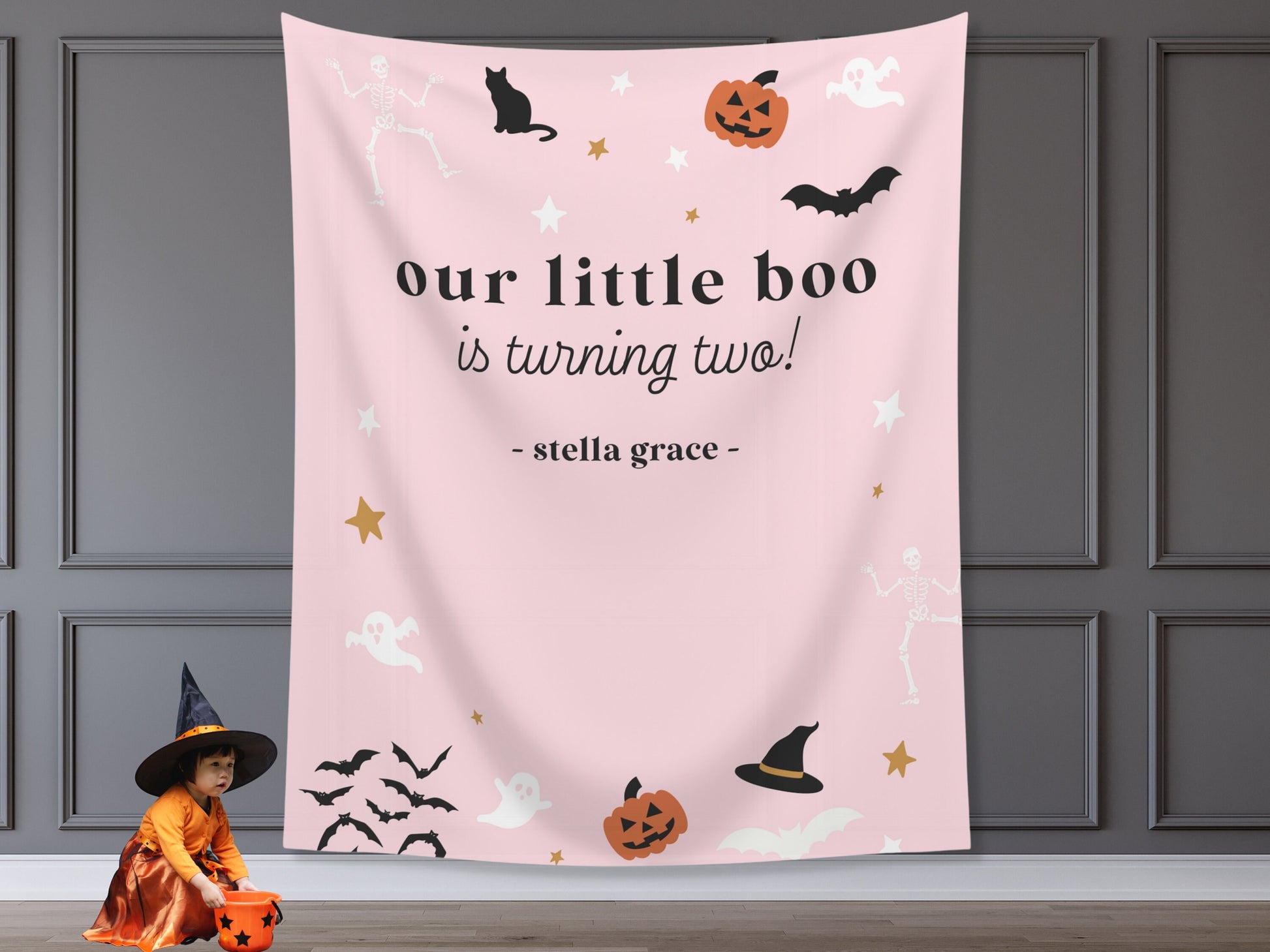 Our Little Boo is Turning Two Halloween Birthday Party Banner| Customizable Text Backdrop | Spooky One | Our Little Pumpkin | Two Spooky