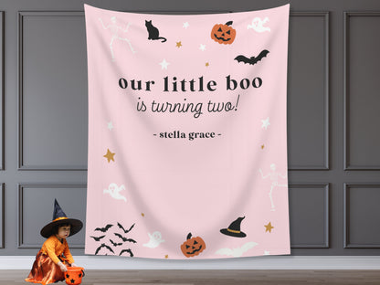 Our Little Boo is Turning Two Halloween Birthday Party Banner| Customizable Text Backdrop | Spooky One | Our Little Pumpkin | Two Spooky