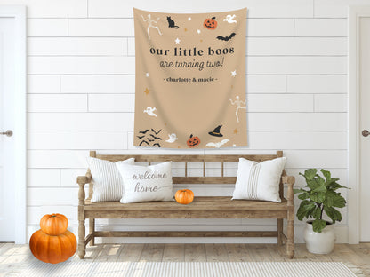 Our Little Boo is Turning Two Halloween Birthday Party Banner| Customizable Text Backdrop | Spooky One | Our Little Pumpkin | Two Spooky