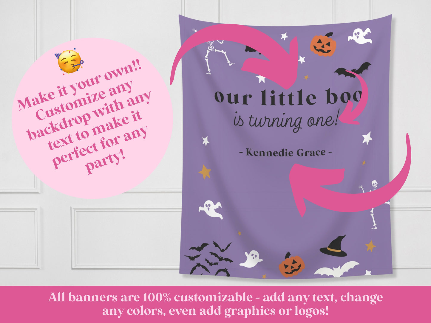 Our Little Boo is Turning Two Halloween Birthday Party Banner| Customizable Text Backdrop | Spooky One | Our Little Pumpkin | Two Spooky