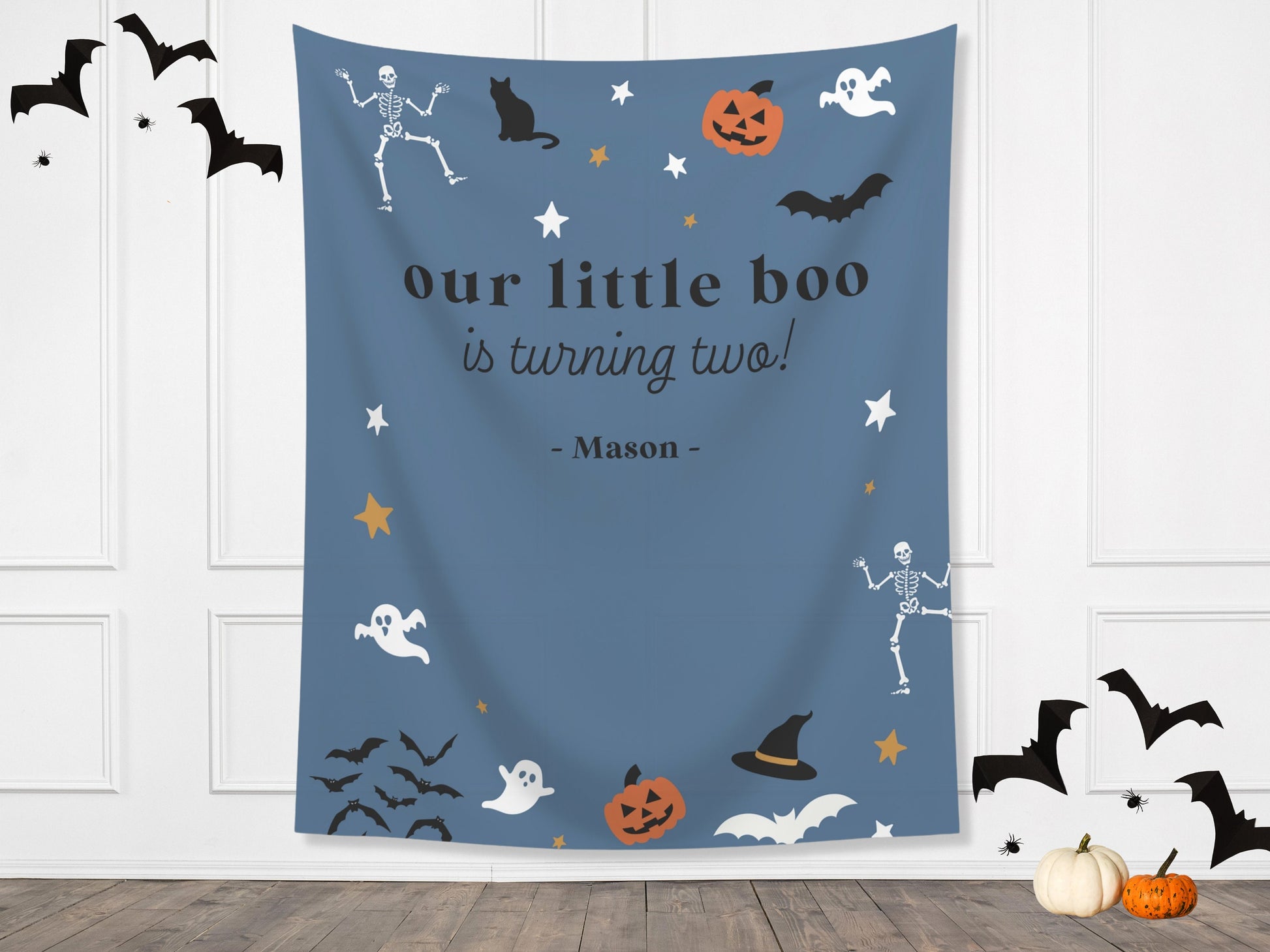 Our Little Boo is Turning Two Halloween Birthday Party Banner| Customizable Text Backdrop | Spooky One | Our Little Pumpkin | Two Spooky