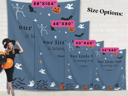 Our Little Boo is Turning Two Halloween Birthday Party Banner| Customizable Text Backdrop | Spooky One | Our Little Pumpkin | Two Spooky