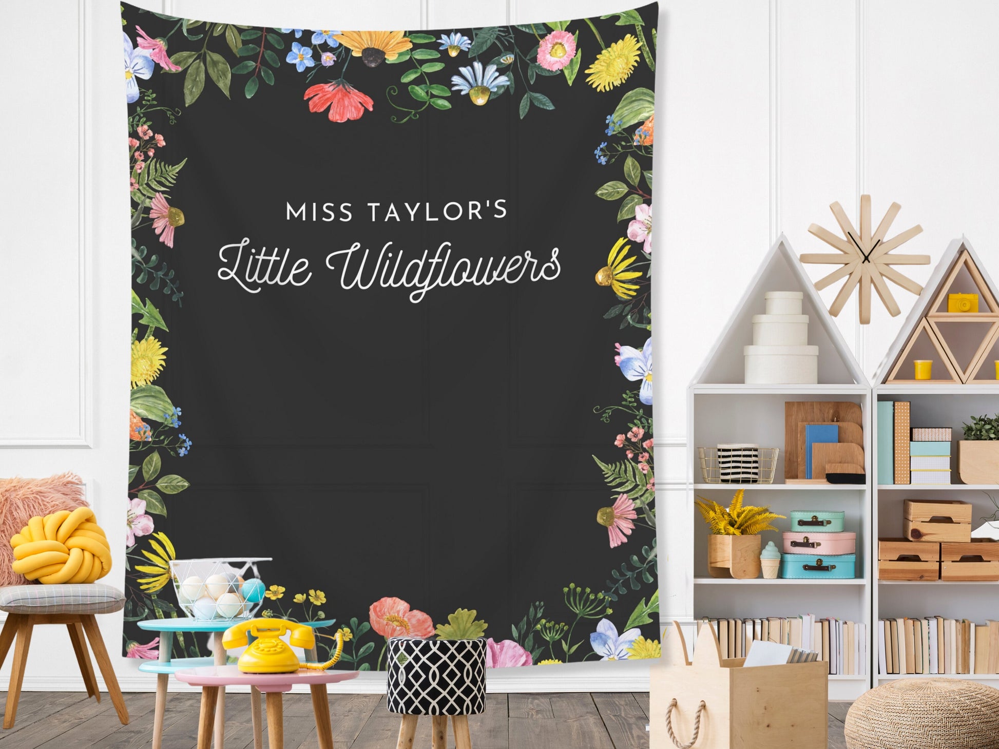 Teacher's Little Wildflowers Classroom Custom Text Banner | Completely Customizable Fabric Backdrop Back to School Décor | Teacher Gift Idea