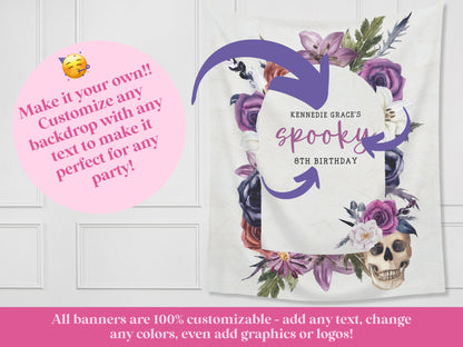 Watercolor Floral Skull Custom Text Banner | Customizable Text Halloween Party Backdrop | Pretty Birthday, Fall Festival Business Shop Décor