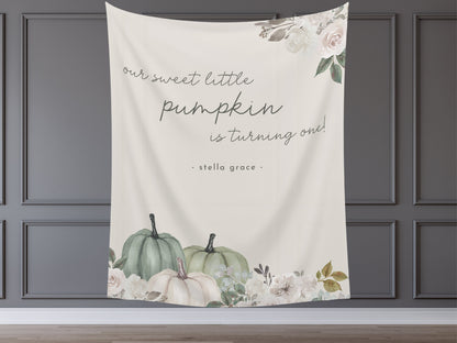 Our Little Pumpkin is One Customizable Fall Backdrop | Sage Green Custom Pumpkin Autumn Floral Banner | September October Party Décor