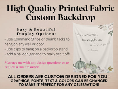 Our Little Pumpkin is One Customizable Fall Backdrop | Sage Green Custom Pumpkin Autumn Floral Banner | September October Party Décor