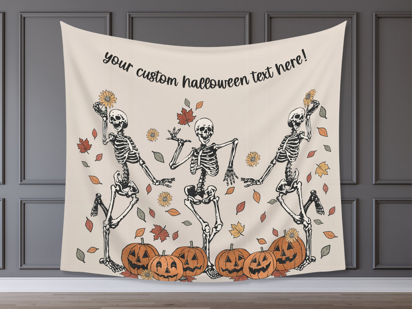 Fall Leaves Dancing Skeletons Banner | Customizable Text Halloween Party Backdrop | Birthday, School Fall Festival, Business Shop Décor