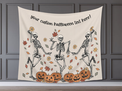 Fall Leaves Dancing Skeletons Banner | Customizable Text Halloween Party Backdrop | Birthday, School Fall Festival, Business Shop Décor