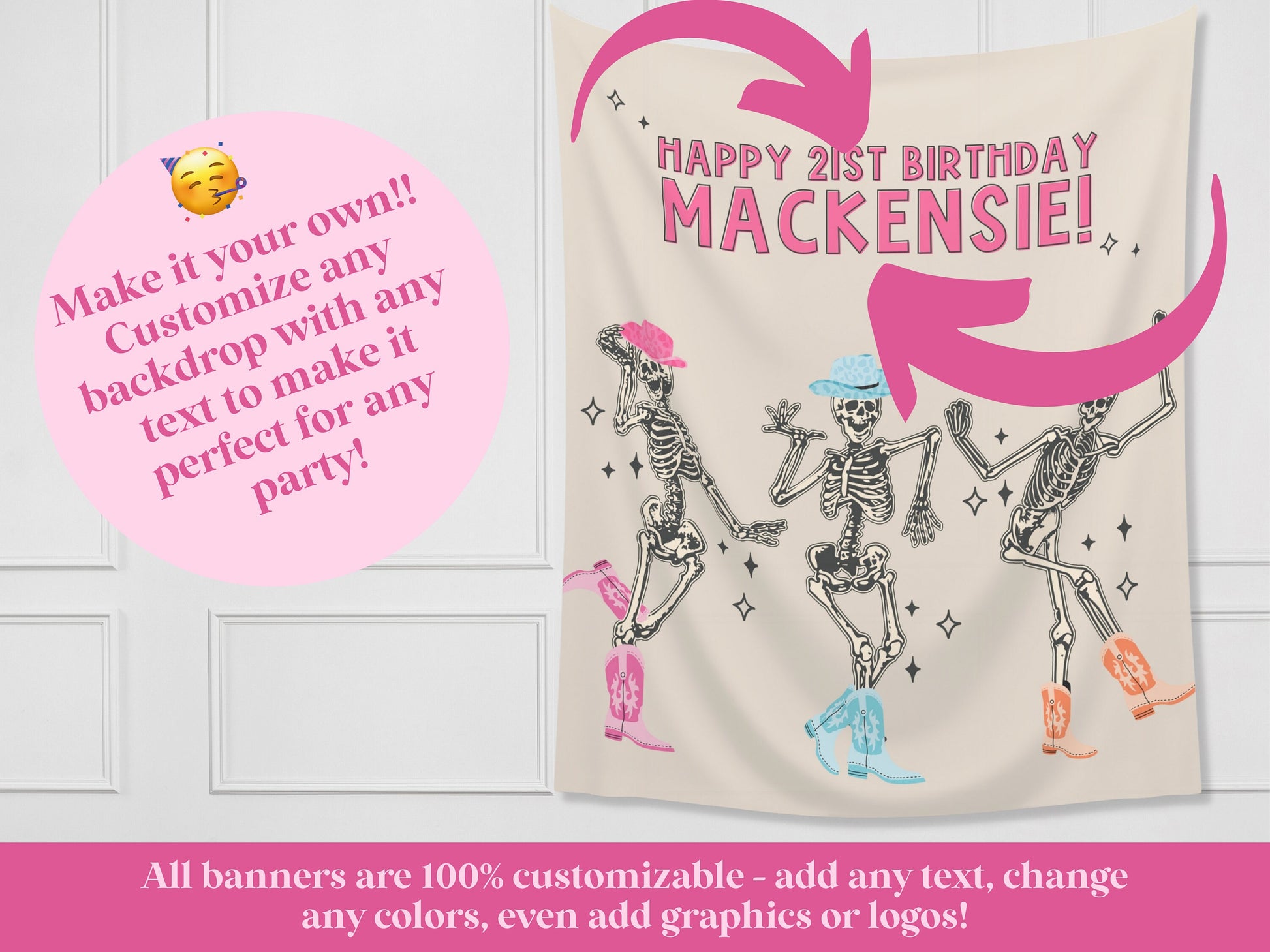 Let's Go Ghouls Skeleton Banner | Boo Haw Cowboy Customizable Text Halloween Party Backdrop | Retro Birthday, Festival, Business Shop Décor