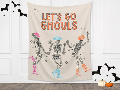 Let's Go Ghouls Skeleton Banner | Boo Haw Cowboy Customizable Text Halloween Party Backdrop | Retro Birthday, Festival, Business Shop Décor