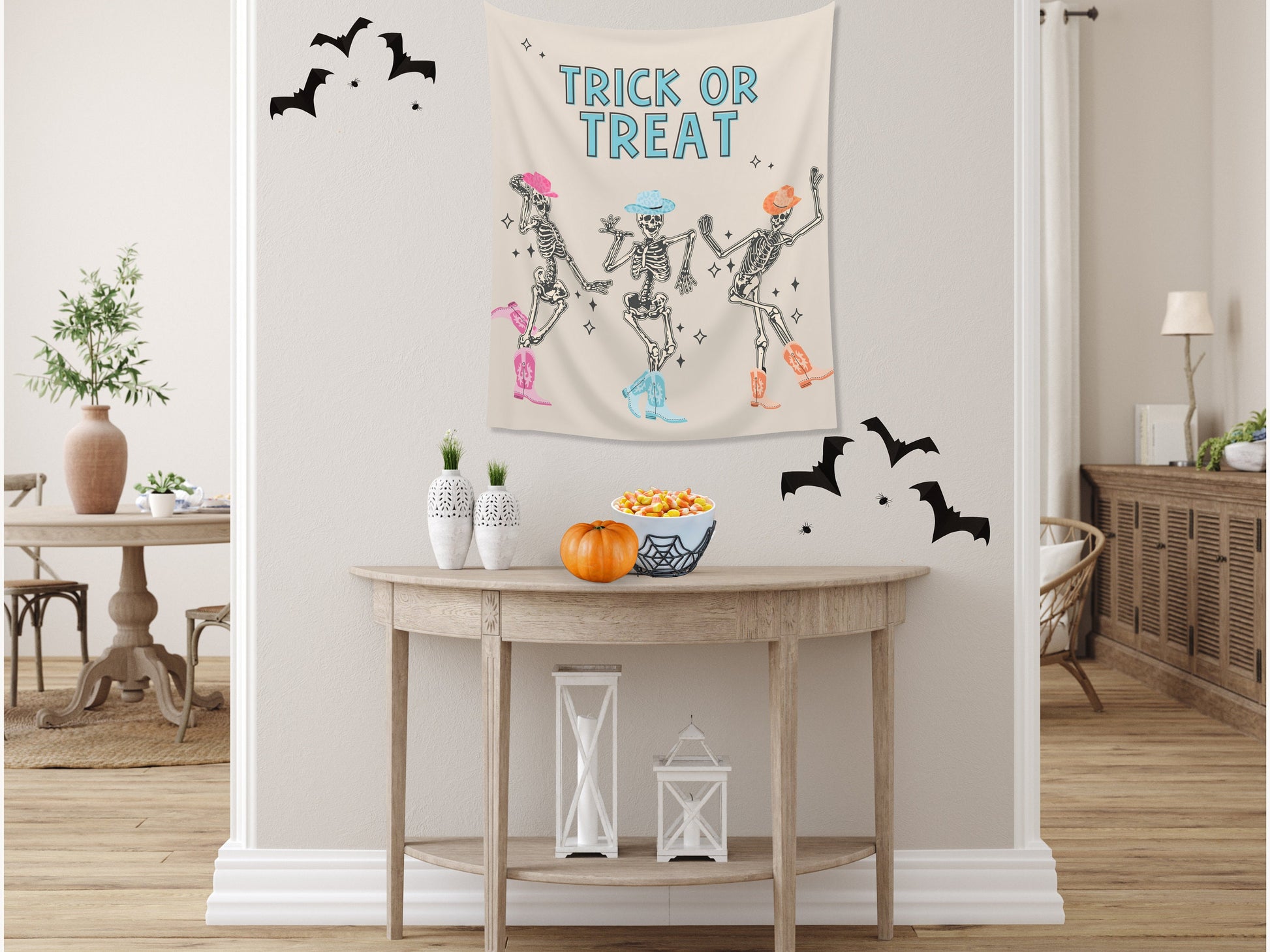 Let's Go Ghouls Skeleton Banner | Boo Haw Cowboy Customizable Text Halloween Party Backdrop | Retro Birthday, Festival, Business Shop Décor