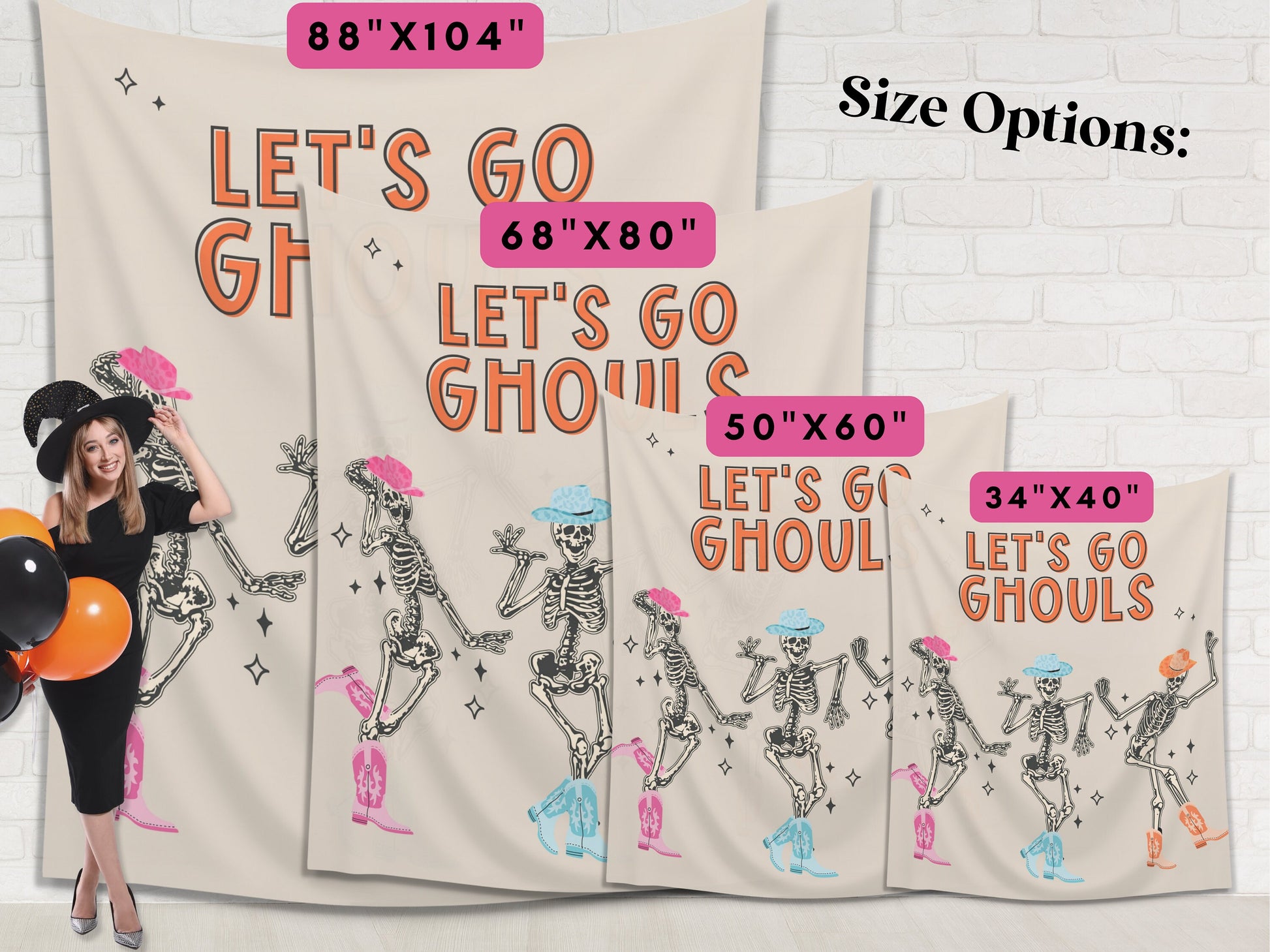 Let's Go Ghouls Skeleton Banner | Boo Haw Cowboy Customizable Text Halloween Party Backdrop | Retro Birthday, Festival, Business Shop Décor