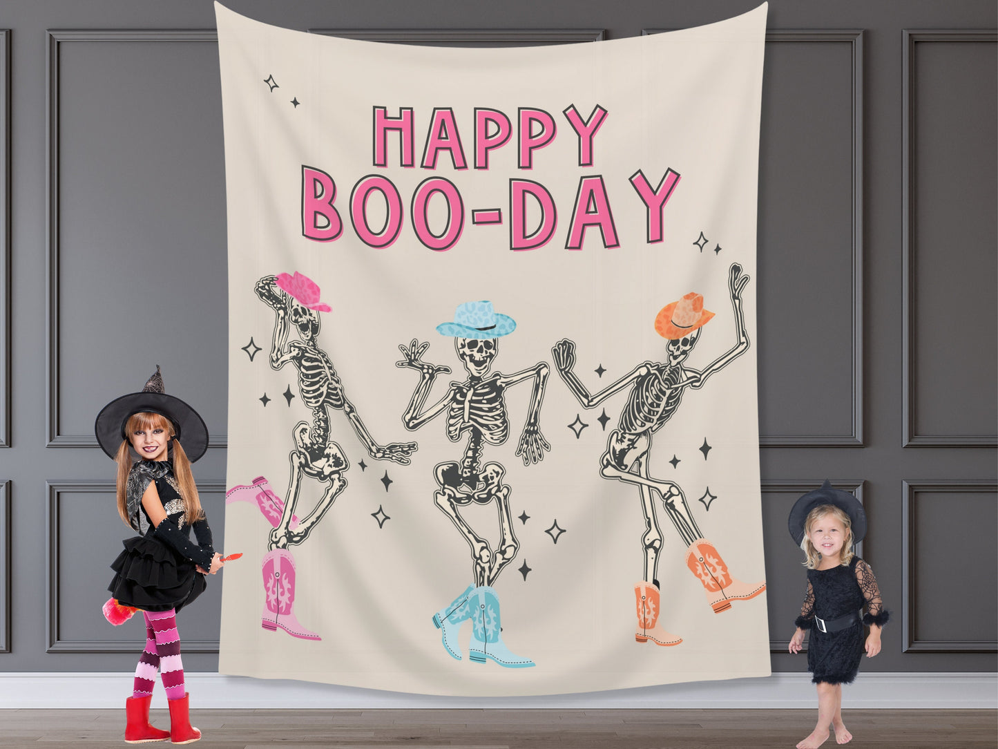 Let's Go Ghouls Skeleton Banner | Boo Haw Cowboy Customizable Text Halloween Party Backdrop | Retro Birthday, Festival, Business Shop Décor