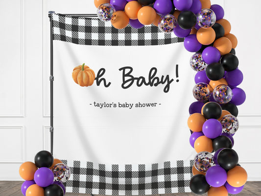 Black and White Buffalo Check Plaid Fall Oh Baby Banner with Orange Pumpkin - Baby Shower Décor - Custom Backdrop