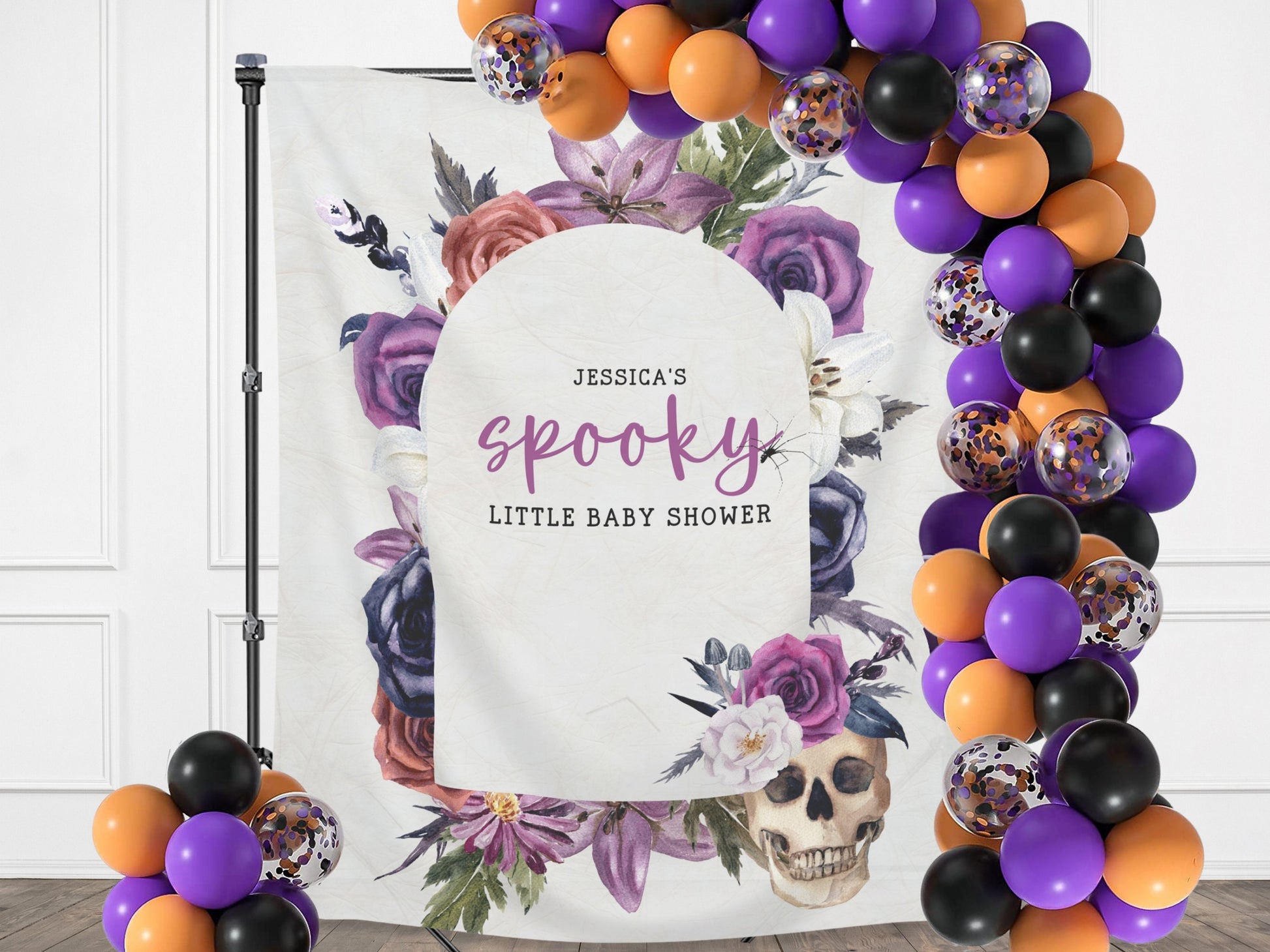 Custom Text Skull and Purple Floral Banner Birthday Party - 21st Birthday, 30th Birthday, 40th Birthday, 50th Birthday - - October Halloween Party  Décor - Custom Backdrop