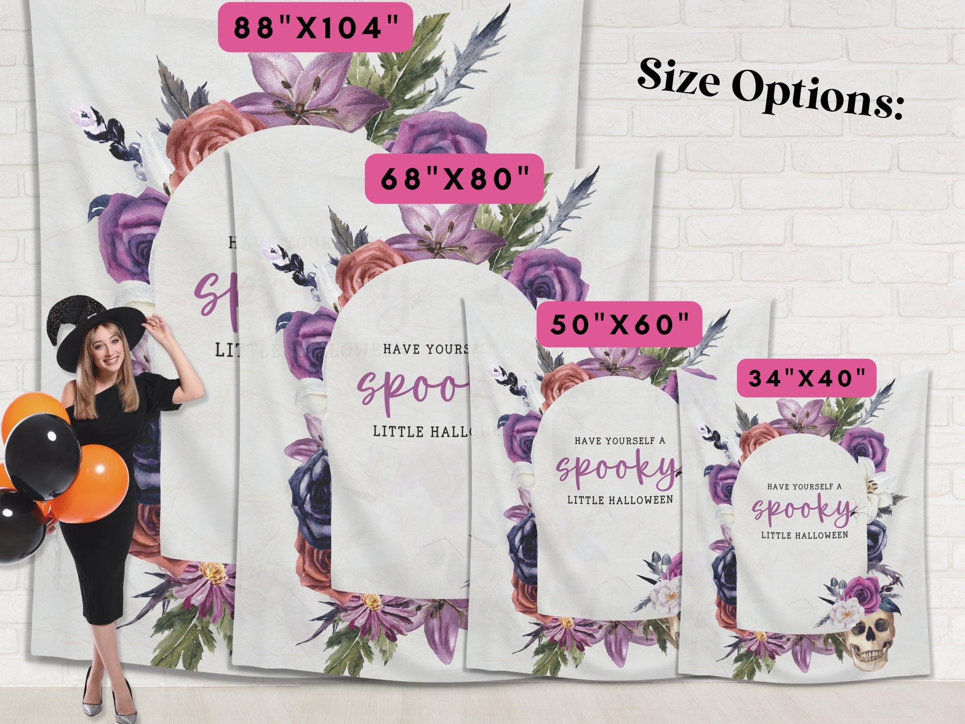 Watercolor Floral Skull Custom Text Banner | Customizable Text Halloween Party Backdrop | Pretty Birthday, Fall Festival Business Shop Décor