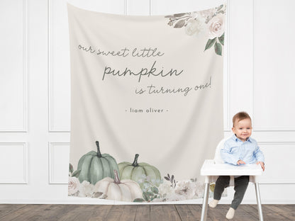 Our Little Pumpkin is One Customizable Fall Backdrop | Sage Green Custom Pumpkin Autumn Floral Banner | September October Party Décor