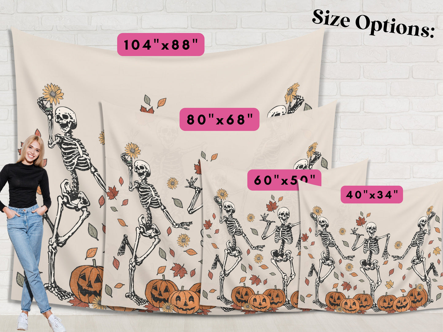 Fall Leaves Dancing Skeletons Banner | Customizable Text Halloween Party Backdrop | Birthday, School Fall Festival, Business Shop Décor