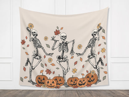 Fall Leaves Dancing Skeletons Banner | Customizable Text Halloween Party Backdrop | Birthday, School Fall Festival, Business Shop Décor